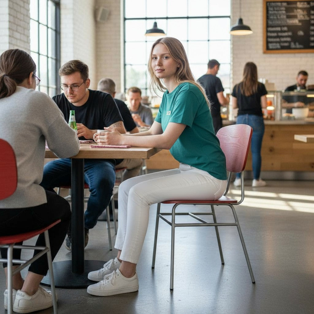 Nouveau groupe de design : chaise de cantine Florence en bois naturel rouge - Remis à neuf