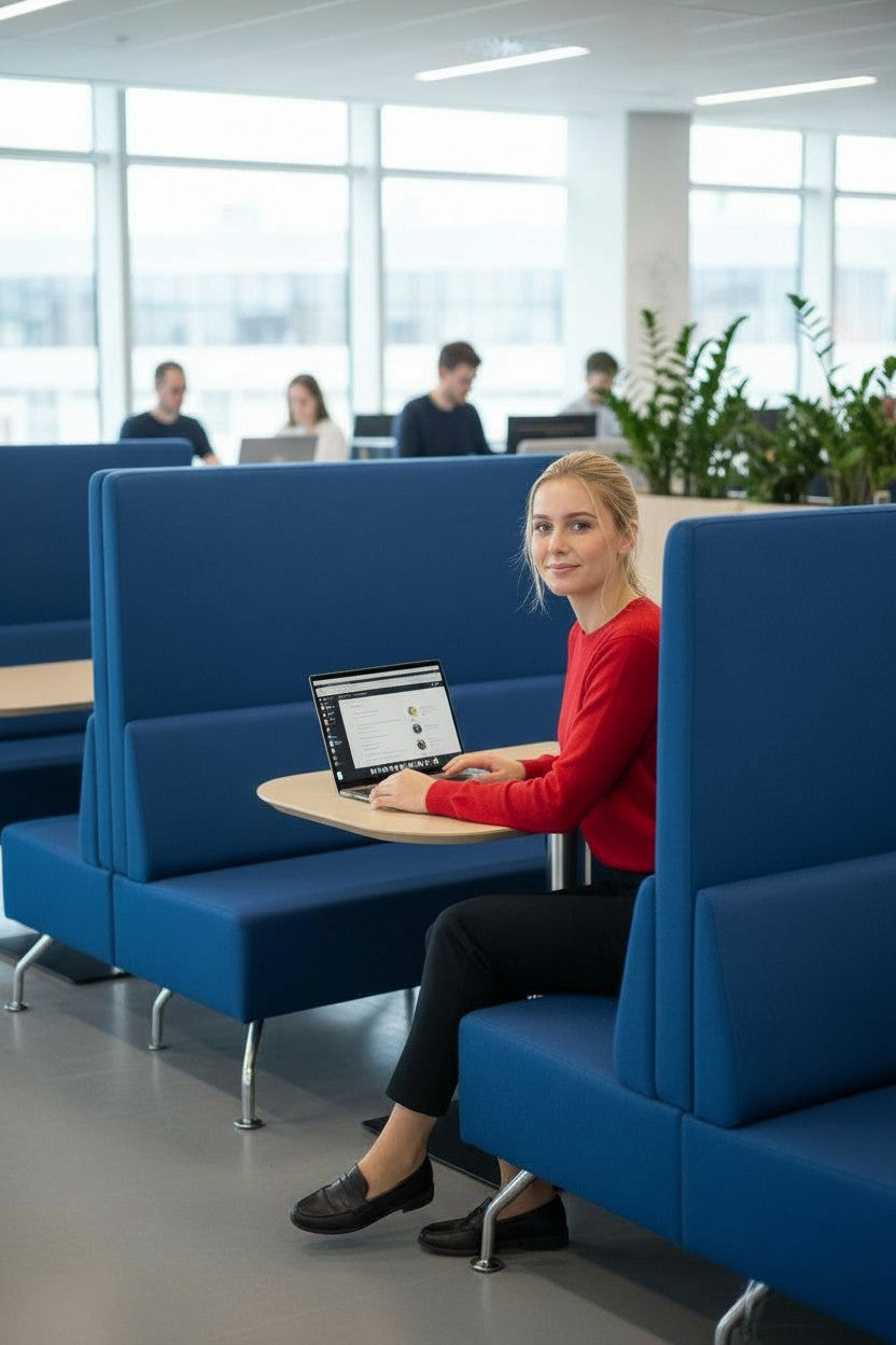 Oranje doos: Blauwe zitbank langs de rand & Eettafelmeubilair - Gerenoveerd