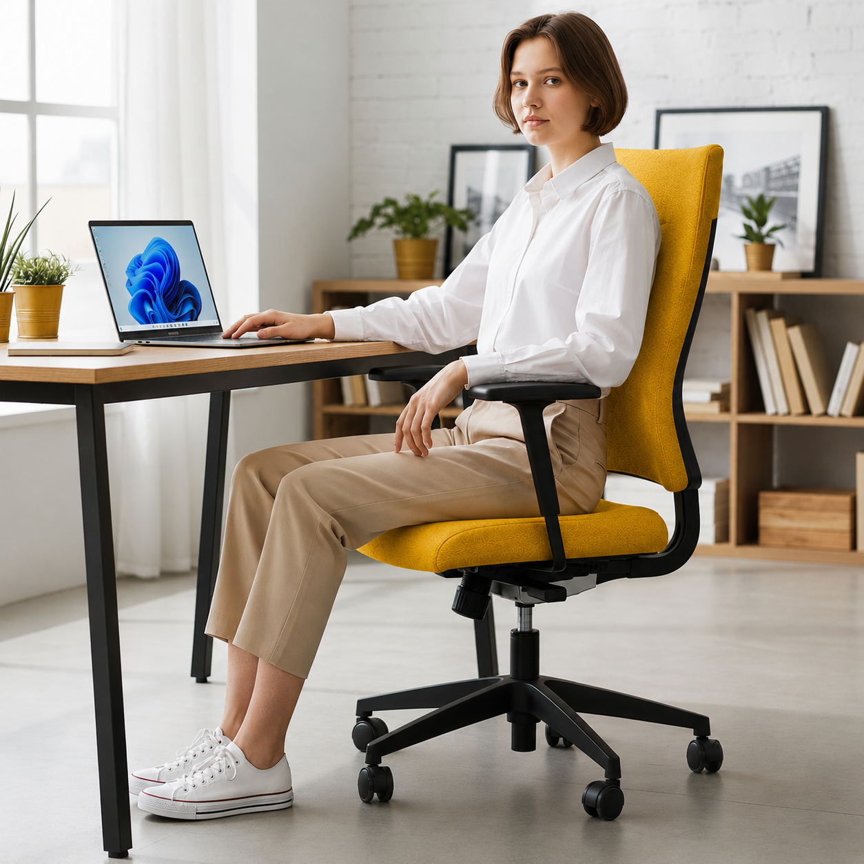 <tc>Sedus</tc>: <tc>Quarterback</tc> Bureaustoel met gele stoffen bekleding en gele stoffen rugleuning - gerenoveerd