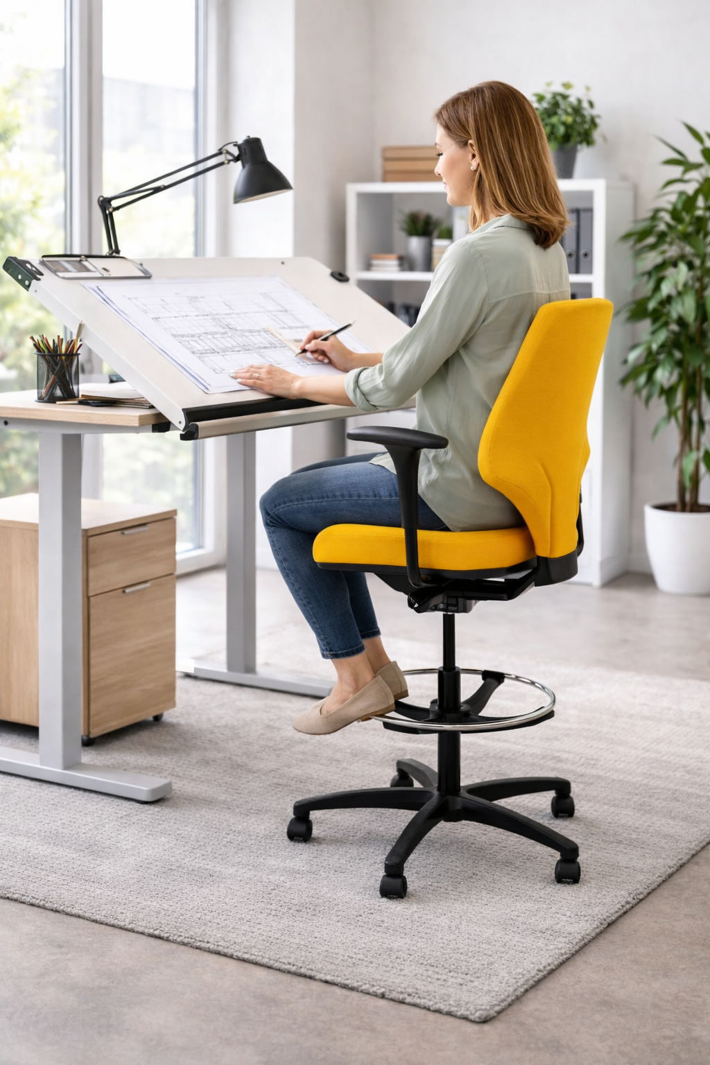 <tc>Giroflex</tc>Silla de delineante G64 en tela amarilla - Restaurada