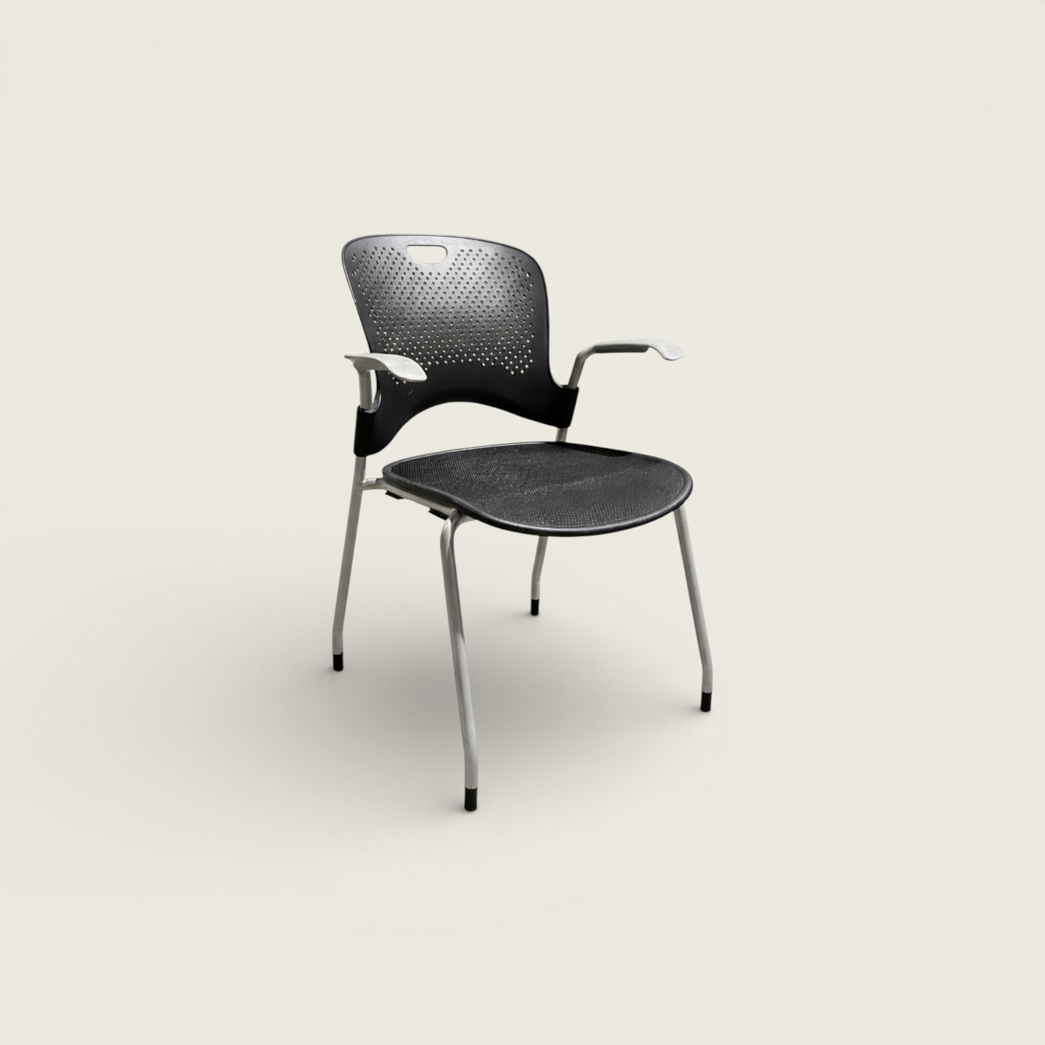 Herman Miller: Caper Stacking Chair - Plastic Black Back with Black Mesh Seat and Grey Arms⁠  - Refurbished