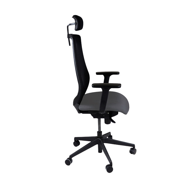 The Office Crowd : Chaise de travail Scudo avec siège en tissu gris avec appui-tête - Remis à neuf