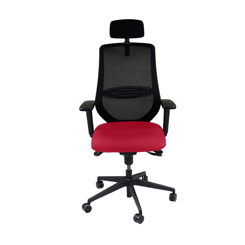 The Office Crowd: Scudo-Arbeitsstuhl mit rotem Stoffsitz und Kopfstütze – generalüberholt